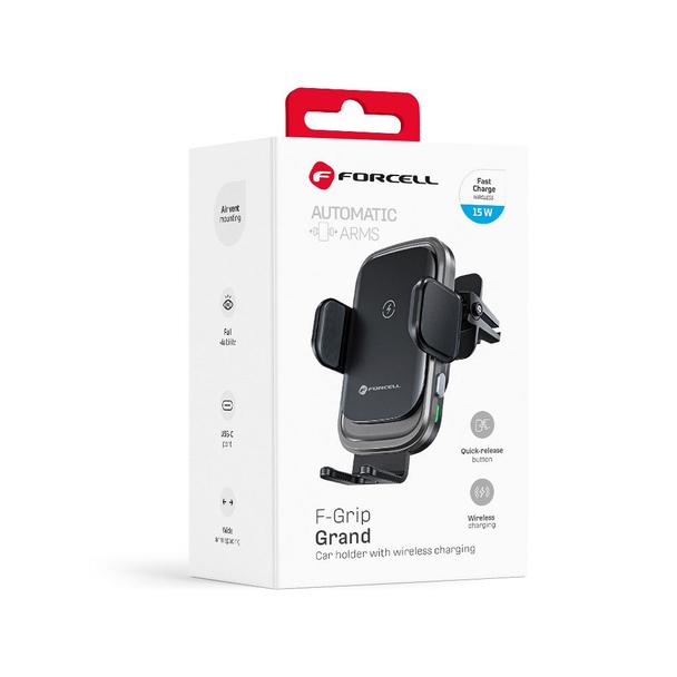 Uchwyt na telefon do samochodu indukcyjny Forcell F-Grip Grand F-24 15W do kratki srebrny