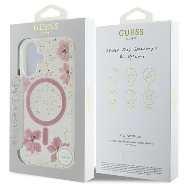 GUESS futerał do IPHONE 16 kompatybilny z MagSafe GUHMP16SRBFGFGMP (Resin Flowers and Glitter) pink