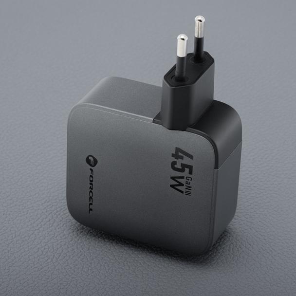 Ładowarka sieciowa do telefonu Forcell F-Energy GaN USB C + zwijany kabel USB C PD QC4.0 3A 45W VT-R5 szara