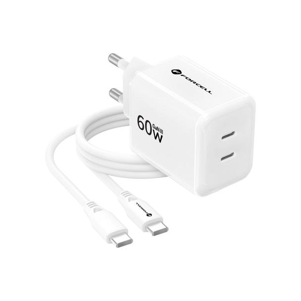 Ładowarka sieciowa do telefonu Forcell F-Energy GaN III Crystal Color 2x USB C AVS SSFC3.0 60W + kabel USB C do USB C VT-60 biała 0INT