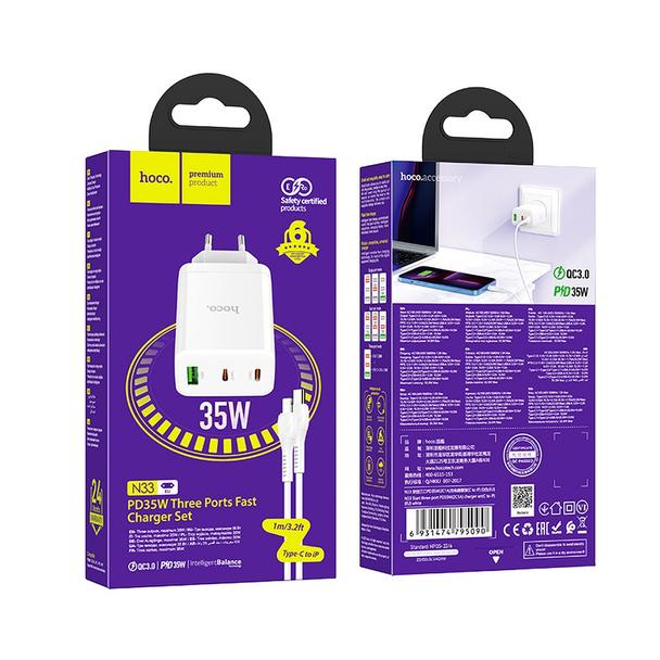 Ładowarka sieciowa do telefonu Hoco 2 x USB C + USB A QC3.0 PD 3A 35W + kabel USB C do Lightning N33 biała