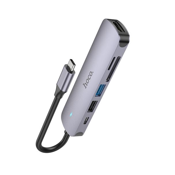 Adapter HUB 6w1 (HDTV+USB 3.0+USB 2.0+SD+TF+PD) USB-C Hoco HB28 czarny