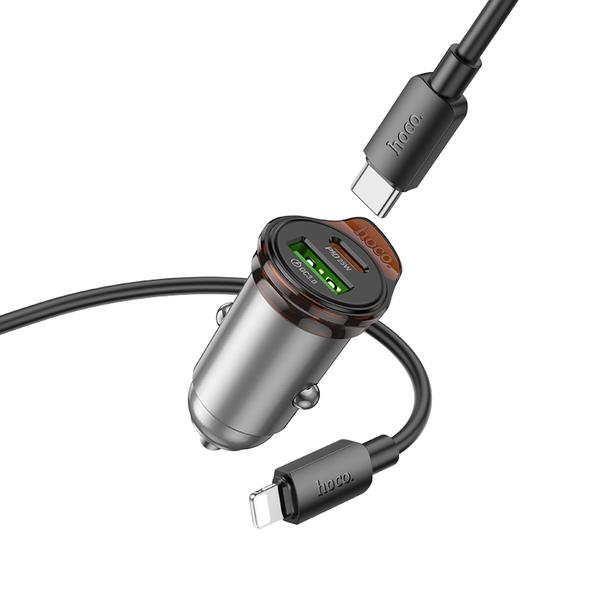 Ładowarka samochodowa Hoco USB A + USB C QC3.0 PD 3A 43W + kabel USB C do Lightning NZ16A szara