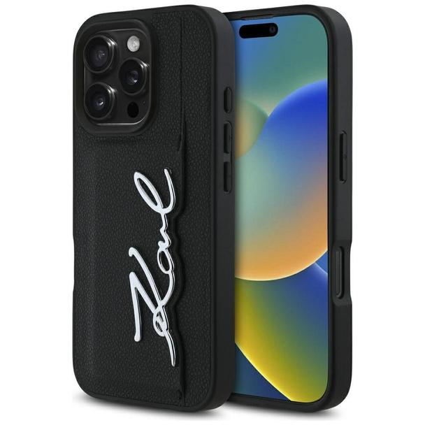 KARL LAGERFELD futerał do IPHONE 16 Pro KLHCP16LPGPVKSK (Grained PU Cardslot Metal Signature) czarny