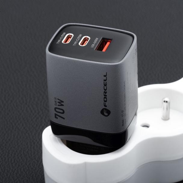 Ładowarka sieciowa do telefonu Forcell F-Energy GaN III 2 x USB C + USB A QC4.0 3,45A PD 70W SAM SFC2.0 z wyświetlaczem LCD VT-37 szara
