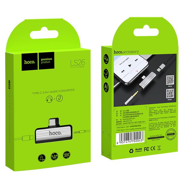Adapter AUX 2w1 USB C do Jack 3,5 mm / USB C Hoco LS26 srebrny