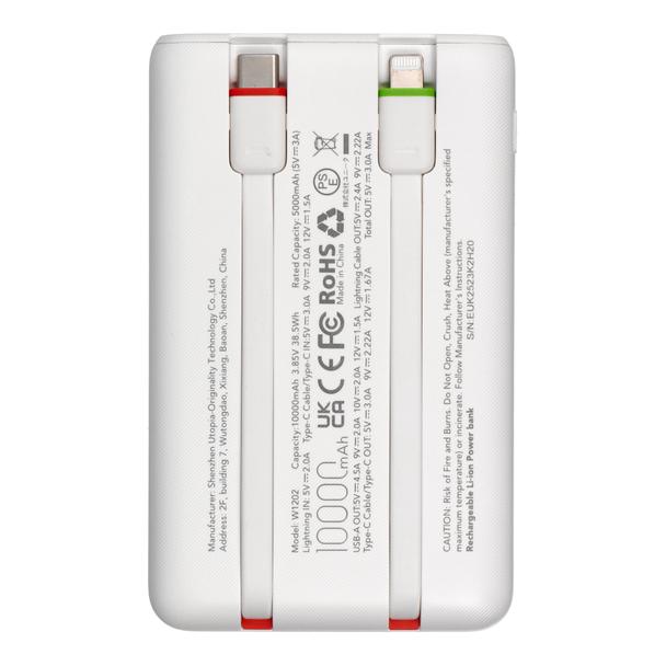 Powerbank PD3.0 3A 22,5W 10000 mAh z wbudowanymi kablami USB C / Lightning Charmast W1202 biały 0INT