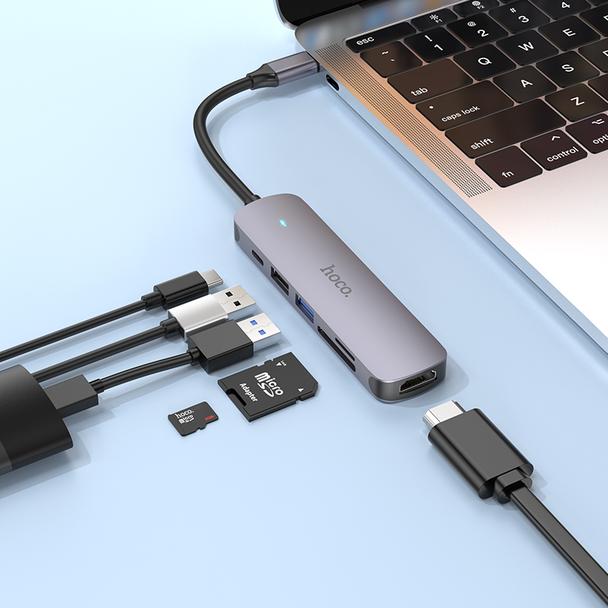 Adapter HUB 6w1 (HDTV+USB 3.0+USB 2.0+SD+TF+PD) USB-C Hoco HB28 czarny