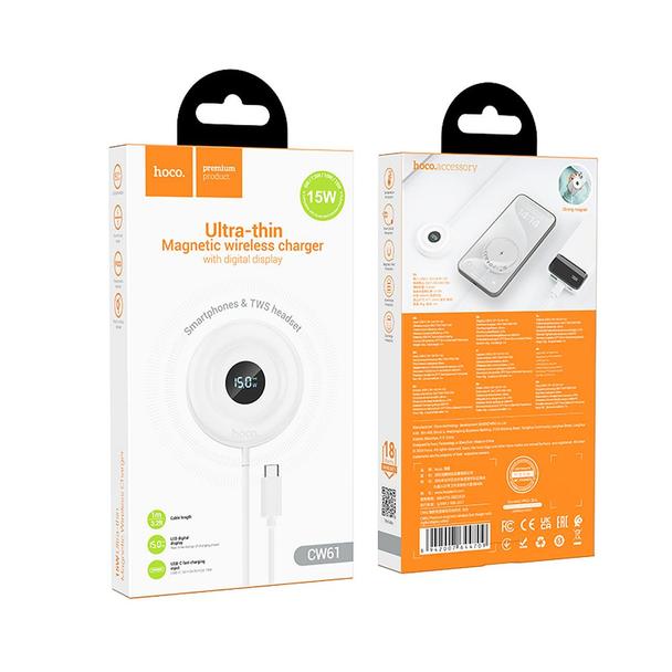 Ładowarka indukcyjna Hoco 2A 15W zgodna z MagSafe z wyświetlaczem CW61 biała