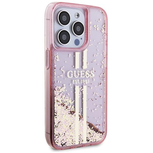 GUESS futerał do IPHONE 15 Pro GUHCP15LLFCSEGP (Liquid Glitter Gold Stripes) różowy
