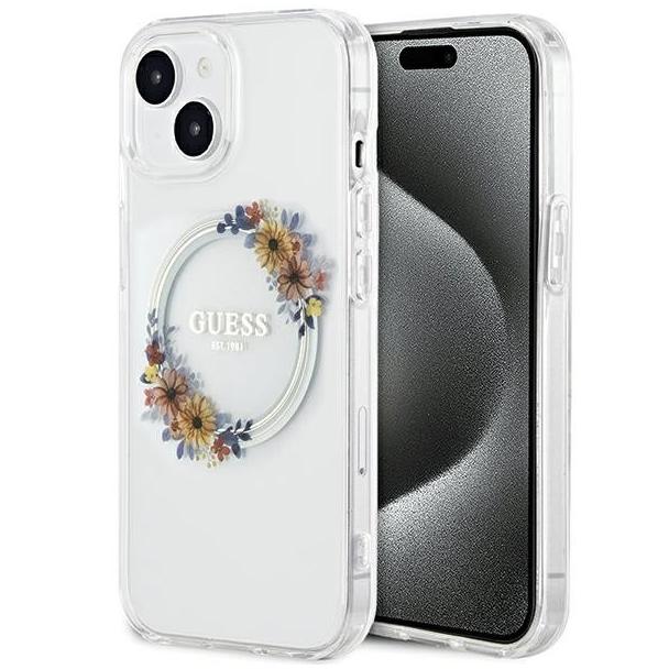 GUESS futerał do IPHONE 15 kompatybilny z MagSafe GUHMP15SHFWFCT (Flowers Wreath) transparentny