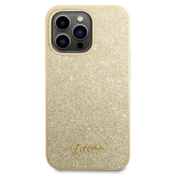GUESS futerał do IPHONE 14 Pro Max GUHCP14XHGGSHD (Glitter Flakes Script Metal Logo) złoty
