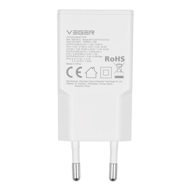 Ładowarka sieciowa do telefonu VEGER  USB A + USB C QC PD 30W 30W1A1C biała