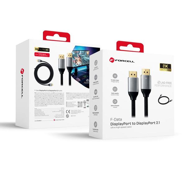 Kabel Display Port do Display Port 2.1 Forcell 16K 60Hz/8K 120Hz/4K 240Hz - High Speed, HDR, Ethernet, G-SYNC/FreeSync, 80Gbps, 2 m czarny