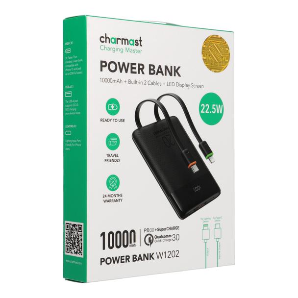 Powerbank PD3.0 3A 22,5W 10000 mAh z wbudowanymi kablami USB C / Lightning Charmast W1202 czarny 0INT