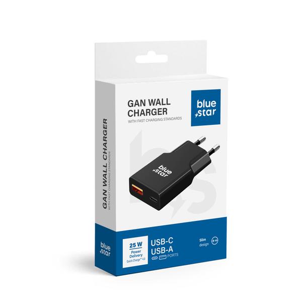 Ładowarka sieciowa do telefonu Blue Star Slim GaN USB C + USB A QC4.0 PD 3A 25W TFK-SC-25WAC czarna