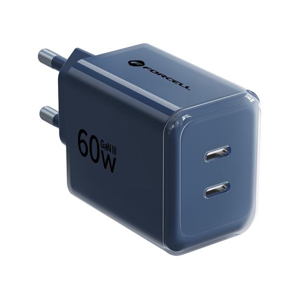 Ładowarka sieciowa do telefonu Forcell F-Energy GaN III Crystal Color 2x USB C AVS SSFC3.0 60W + kabel USB C do USB C VT-60 granatowa 0INT