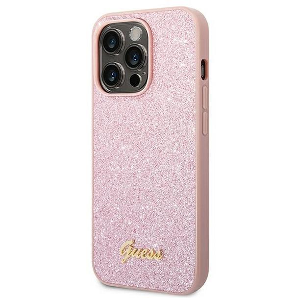 GUESS futerał do IPHONE 14 Pro GUHCP14LHGGSHP (Glitter Flakes Script Metal Logo) różowy