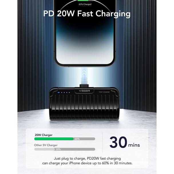 Powerbank Veger PlugOn (W0558P) PD QC3.0 2,4A 20W 5000 mAh z wbudowanym złączem Lightning czarny 0INT