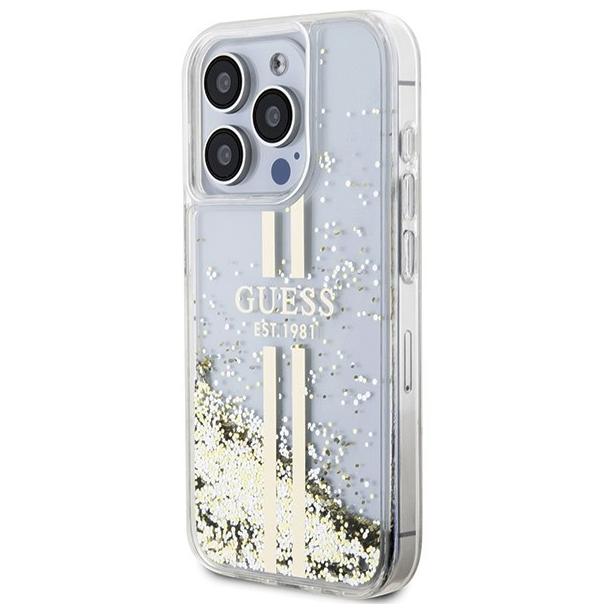 GUESS futerał do IPHONE 15 Pro GUHCP15LLFCSEGT (Liquid Glitter Gold Stripes) transparentny