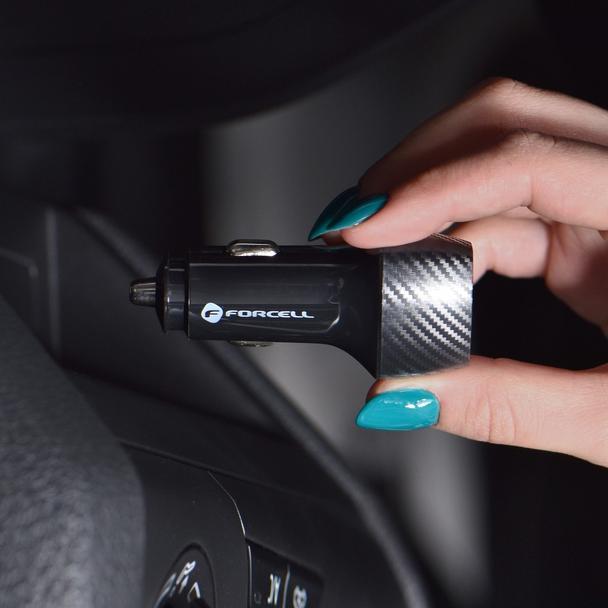 Ładowarka samochodowa Forcell F-Energy Carbon USB A QC3.0 PD 3A 38W z kablem USB C CC50-1AC czarna