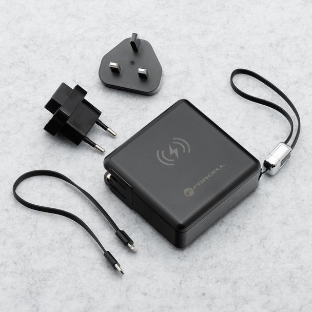 Wielofunkcyjna ładowarka Forcell F-Energy 6w1 USB A + USB C PD 45W + power bank 15000 mAh + ładowanie bezprzewodowe 15W czarna