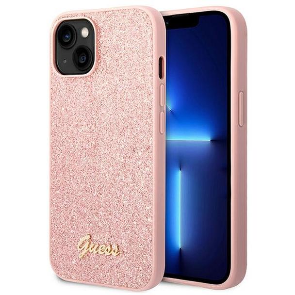 GUESS futerał do IPHONE 14 Plus GUHCP14MHGGSHP (Glitter Flakes Script Metal Logo) różowy