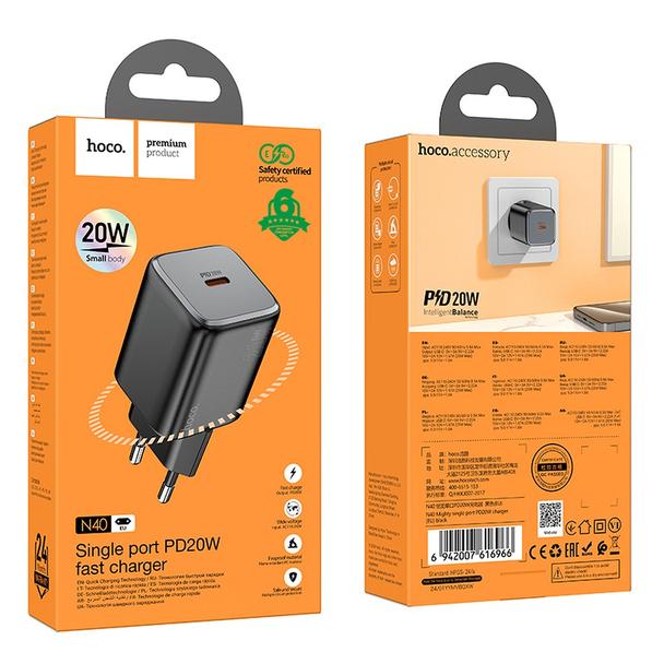 Ładowarka sieciowa do telefonu Hoco USB C QC PD 20W N40 czarna