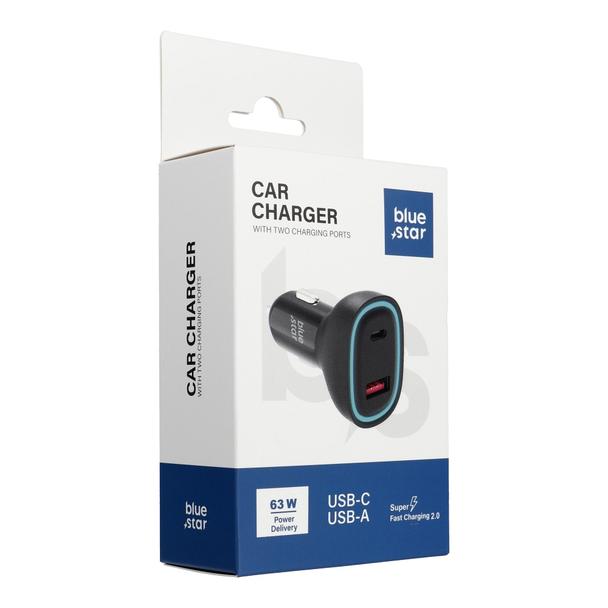 Ładowarka samochodowa Blue Star USB C + USB A QC3.0 PD AFC PPS SFC2.0 3A 63W czarna