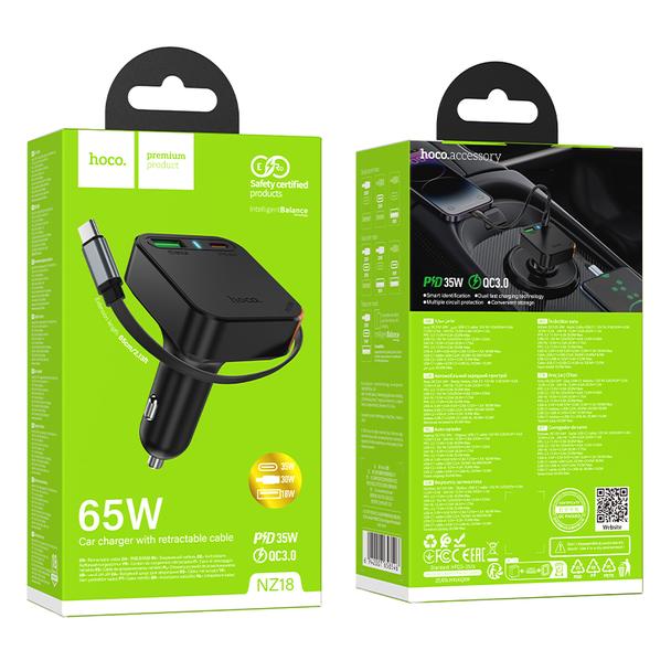 Ładowarka samochodowa Hoco ze zwijanym kablem 2 x USB C + USB A QC PD 65W NZ18 czarna