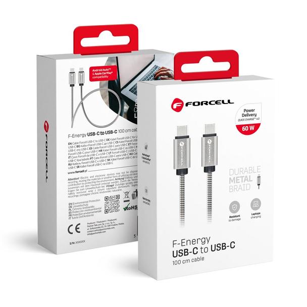 Kabel USB C do USB C Forcell F-Energy QC4.0 PD 3A 60W Metal 1 m C237 srebrny