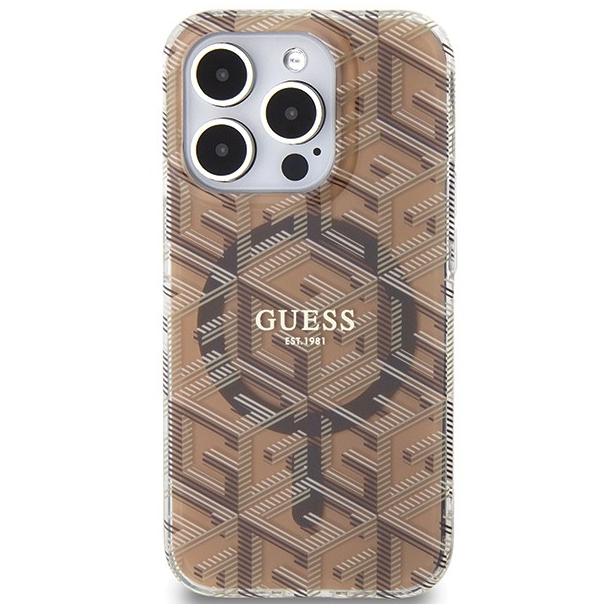 GUESS futerał do IPHONE 15 Pro kompatybilny z MagSafe GUHMP15LHGCUSTGW (IML GCUBE) brązowy