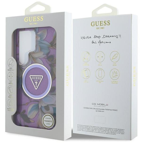 GUESS futerał do SAMSUNG S25 Ultra GUHMS25LHFLPEDU (Magnetic IML Metal Glitter Flowers Triangle) fioletowy