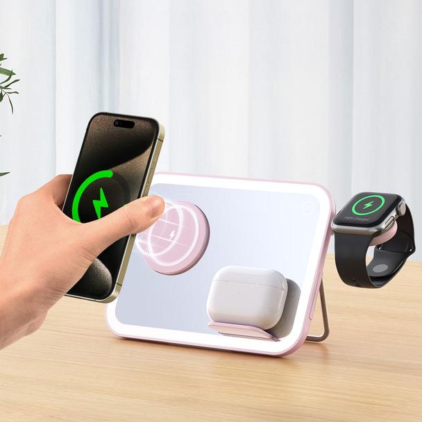 Forcell F-ENERGY Mag Mirror 3 in 1 15W ładowarka indukcyjna z kompatybilna z MagSafe / Apple Watch / Samsung Watch / Airpods różowa