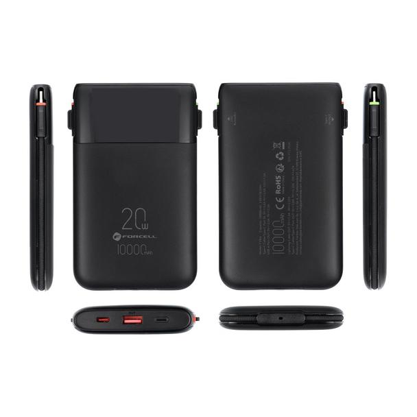 Powerbank Forcell F-Energy Multicharge F10K6 QC PD3.0 3A 22,5W 10000 mAh z wbudowanymi kablami USB C i Lightning czarny