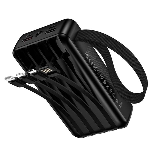 Powerbank 20000 mAh QC PD 22,5W z wbudowanymi kablami USB A + USB C + Lightning + Micro USB oraz dwoma latarkami Hoco J173 czarny