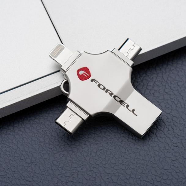 Pendrive 64GB USB 3.2 Gen 1 (USB A / USB C / Lightning / Micro USB) Forcell F-Data Metal Quad srebrny