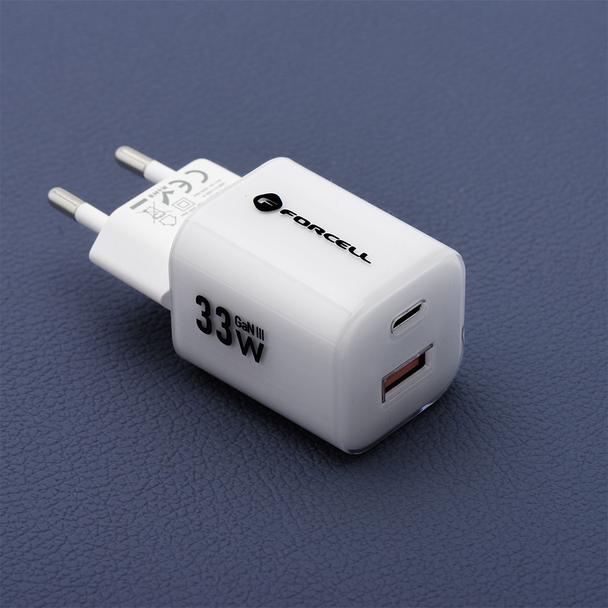 Ładowarka sieciowa do telefonu Forcell F-Energy GaN III Crystal Color USB C + USB A QC4.0 PD 33W + kabel USB C do USB C VT-41 biała 0INT