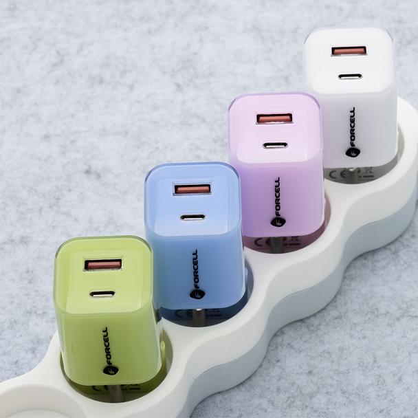 Ładowarka sieciowa do telefonu Forcell F-Energy GaN III Crystal Color USB C + USB A QC4.0 PD 33W + kabel USB C do USB C VT-41 biała 0INT