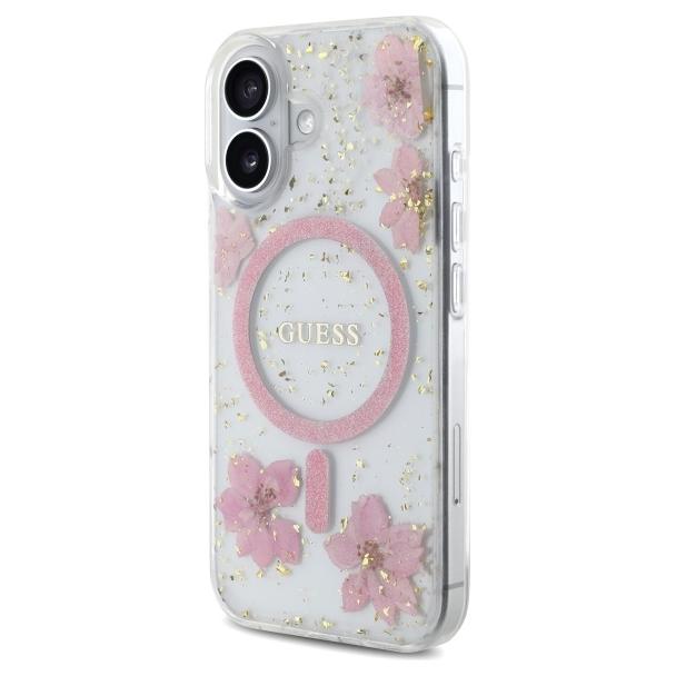 GUESS futerał do IPHONE 16 kompatybilny z MagSafe GUHMP16SRBFGFGMP (Resin Flowers and Glitter) pink