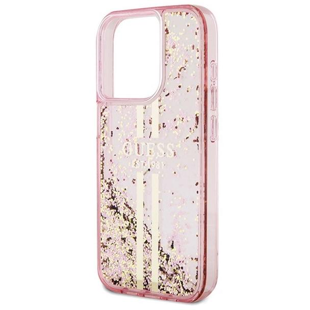 GUESS futerał do IPHONE 15 Pro GUHCP15LLFCSEGP (Liquid Glitter Gold Stripes) różowy
