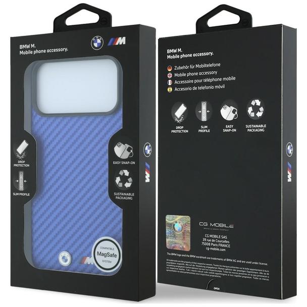 BMW futerał do IPHONE 18 Pro/17 Pro kompatybilny z MagSafe (Carbon Metal Logo) niebieski