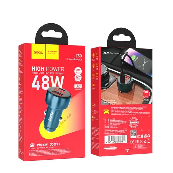 Ładowarka samochodowa Hoco USB A + USB C QC3.0 PD 3A 48W z wyświetlaczem Z50 niebieska