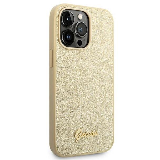 GUESS futerał do IPHONE 14 Pro Max GUHCP14XHGGSHD (Glitter Flakes Script Metal Logo) złoty