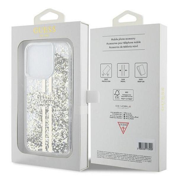 GUESS futerał do IPHONE 15 Pro Max GUHCP15XLFCSEGT (Liquid Glitter Gold Stripes) transparentny