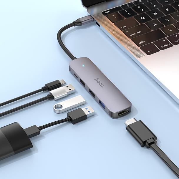 Adapter HUB 5w1 (HDTV+USB 3.0+USB 2.0 x 2+PD) USB-C Hoco HB27 szary