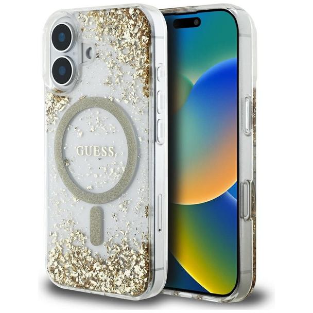 GUESS futerał do IPHONE 16 kompatybilny z MagSafe GUHMP16SRGRGED (Resin Bottom Glitter) złoty