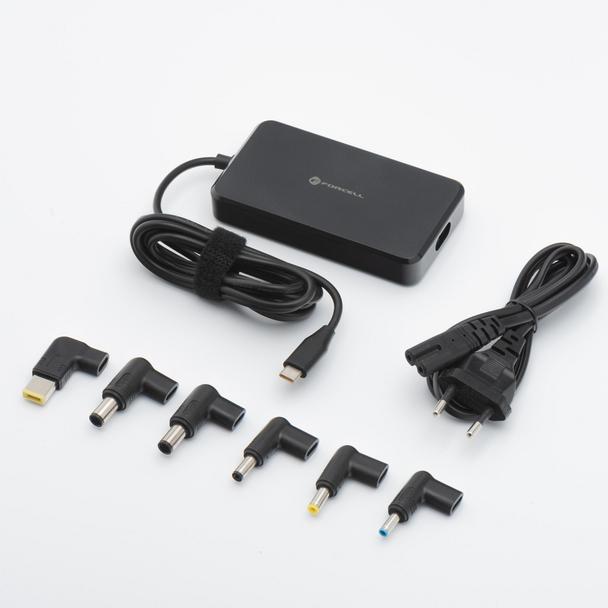 Uniwersalny zasilacz do laptopa 65W Forcell F-Energy USB C + 6 końcówek E856 czarny