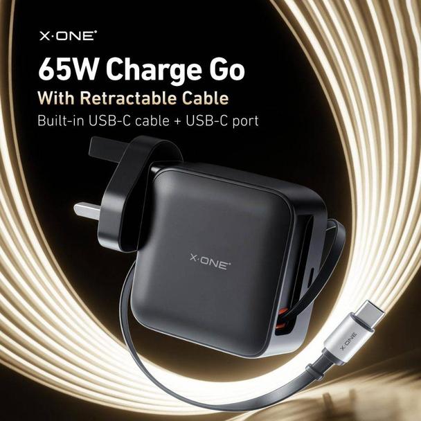 Ładowarka sieciowa X-ONE ChargeGo GaN 65W ze zwijanym kablem USB C i portem typ C - czarna