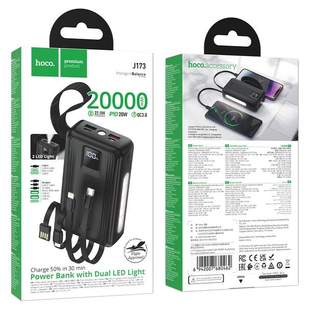 Powerbank 20000 mAh QC PD 22,5W z wbudowanymi kablami USB A + USB C + Lightning + Micro USB oraz dwoma latarkami Hoco J173 czarny